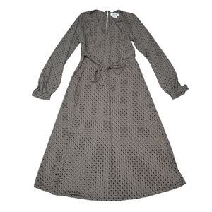 Michael Kors Brown Tan Geometric Print Midi Dress Long Sleeve Womens 6